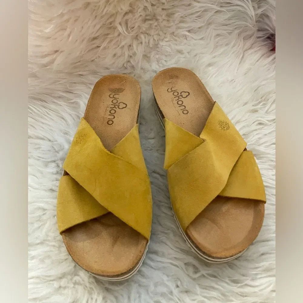 YOKONO Slide Sandals Gold Suede 7.5 NWOT